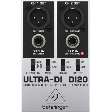 内蒙百灵达 Behringer DI20 DI盒 有源2路DI盒 线路信号转平衡乐器 di盒 非平衡信号转平衡信号 多功能ID盒 幻象电源 消除音频噪声 隔离器 立体声有源DI盒 信号隔离器 带定值衰减​  专业有源 2 通道 DI-Box/分配器